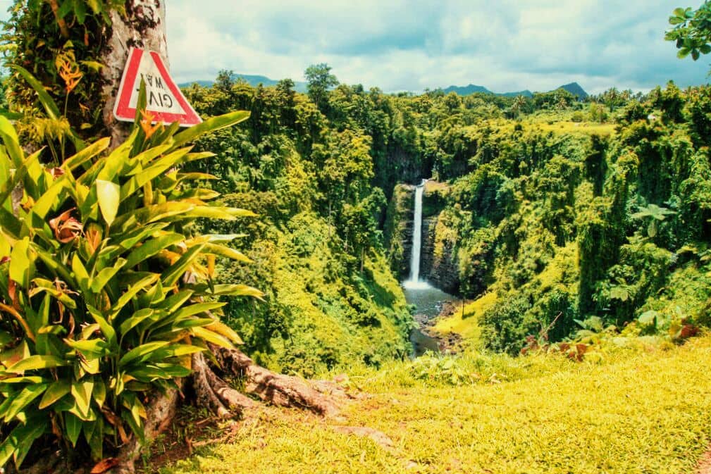 A waterfall in the jungle with a sign in front of it.