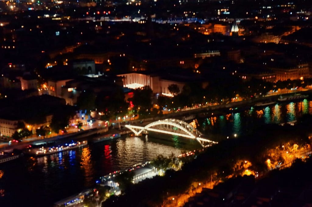 An aerial view of a city at night.