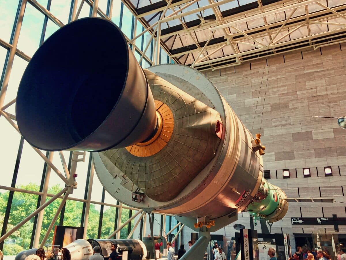 Spacecraft thruster on display at the Smithsonian museum.