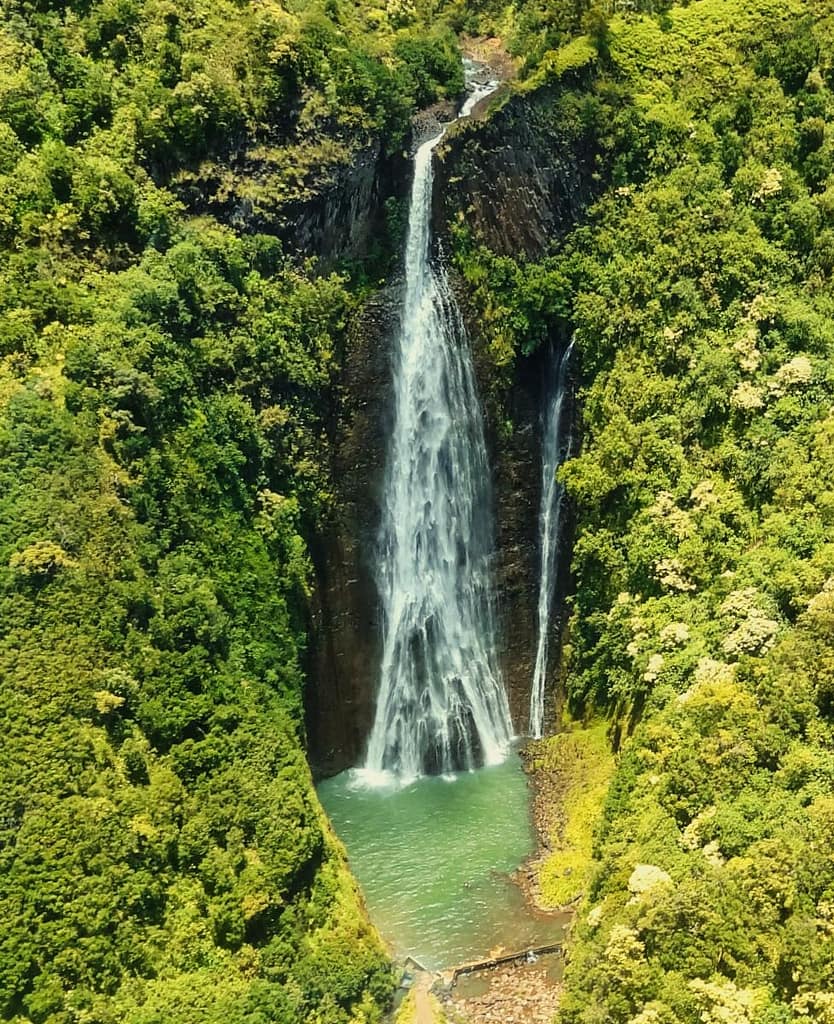An aerial view of a waterfall in a lush green area.